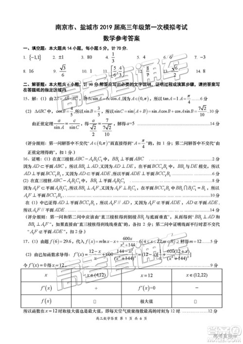2019届高三南京、盐城一模数学试题及参考答案 2019届高三南京、盐城一模数学试题及参考答案
