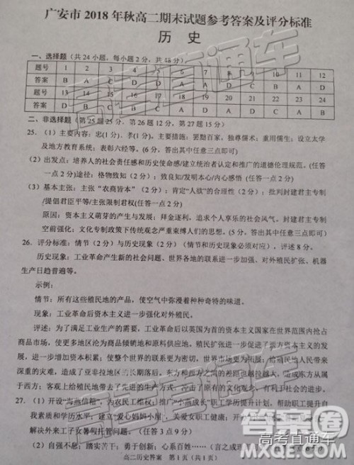2019广安高二期末考历史试题及参考答案