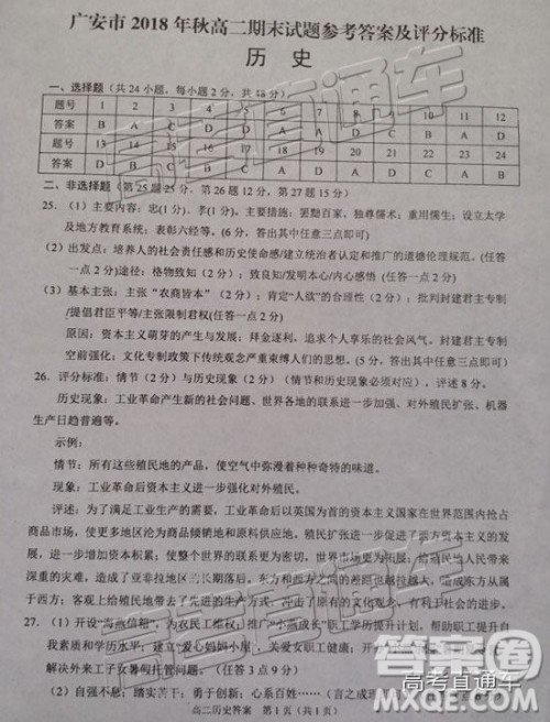 2019广安高二期末考历史试题及参考答案