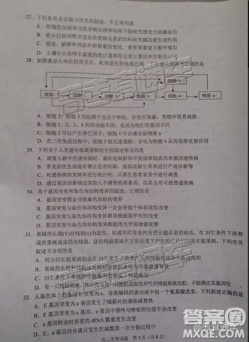 2019广安高二期末考生物试题及参考答案 2019广安高二期末考生物试题及参考答案