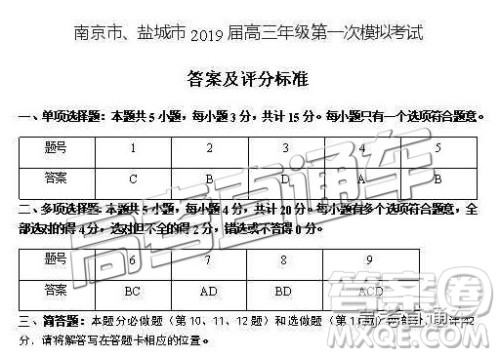 2019南京、盐城一模物理试题及参考答案