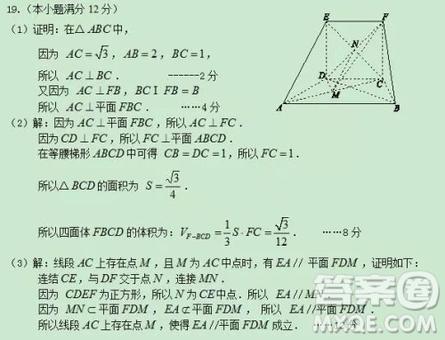 2018-2019年沈阳郊联体高三上学期文科数学期末考试答案