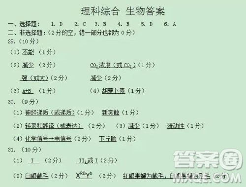 2018-2019学年度上学期沈阳市郊联体期末考试高三理科综合试题答案