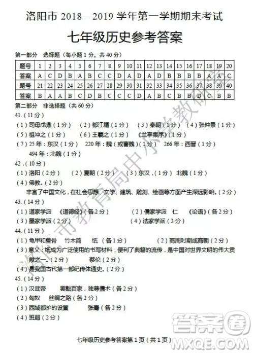 洛阳市2018-2019学年第一学期期末考试七年级历史答案