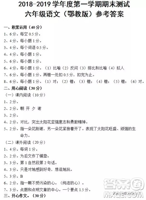 武汉洪山区2018-2019学年度第一学期期末测试六年级语文试题答案