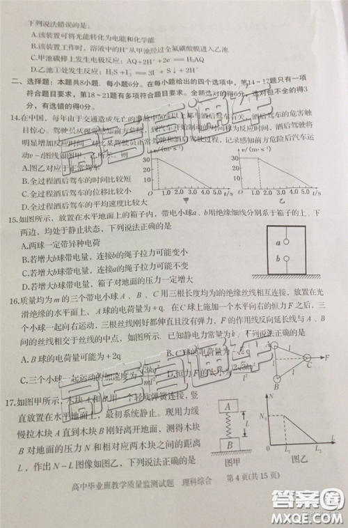 2019届高三汕头期末统考理综试题及答案