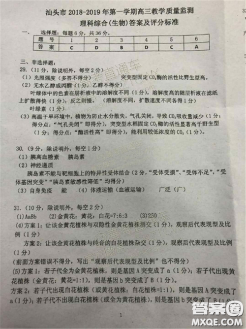 2019届高三汕头期末统考理综试题及答案 2019届高三汕头期末统考理综试题及答案
