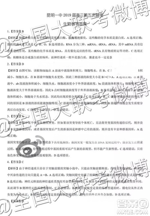 昆明一中2019届高三第五次月考联考理综参考答案