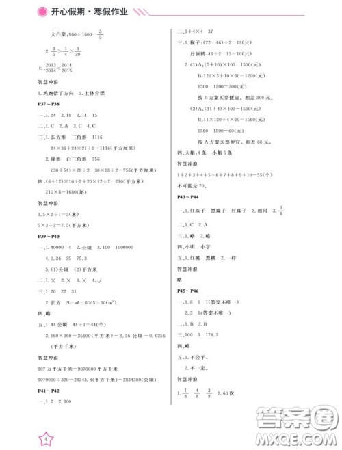 武汉出版社2019新版开心假期寒假作业B版五年级数学答案