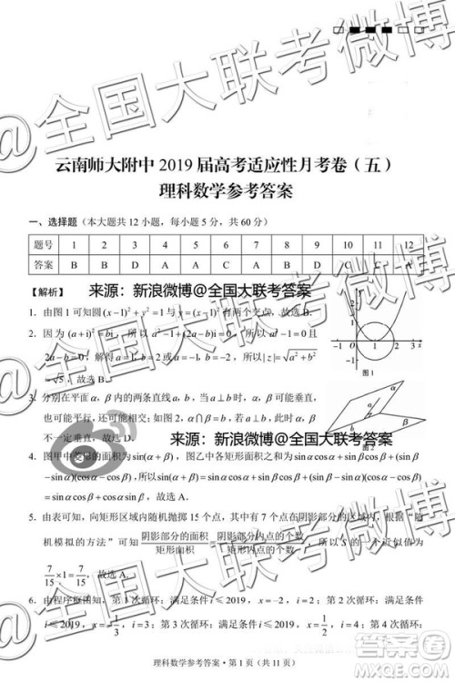 云南师大附中2019届高考适应性月考卷五理科数学答案解析