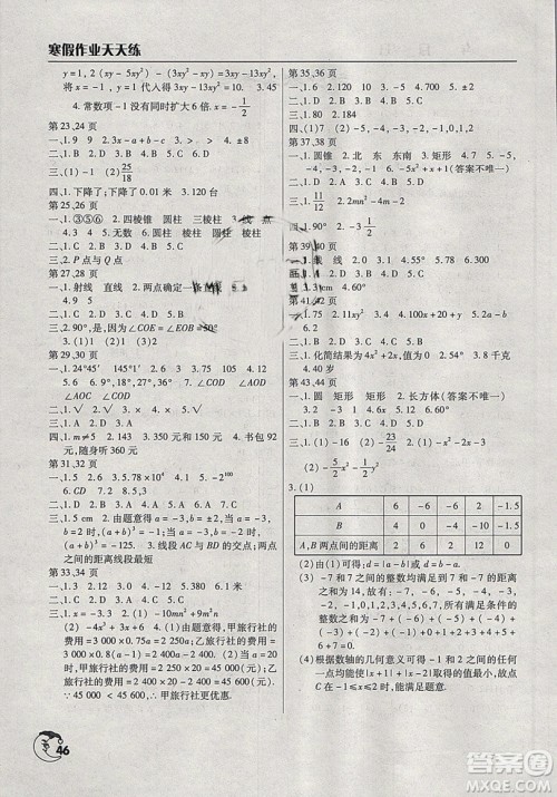 文心出版2019新版寒假作业天天练初中七年级数学人教版参考答案