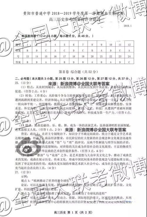 贵阳市普通高中2019届高三年级第一学期期末监测考试文科综合参考答案