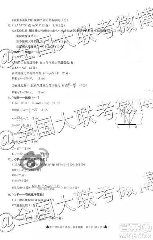 2019年1月高三广东金太阳百校联考理综答案 2019年1月高三广东金太阳百校联考理综答案