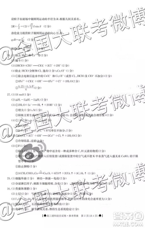 2019年1月高三广东金太阳百校联考理综答案 2019年1月高三广东金太阳百校联考理综答案