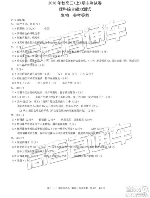 2019高三重庆一诊康德卷联考理综参考答案 2019高三重庆一诊康德卷联考理综参考答案