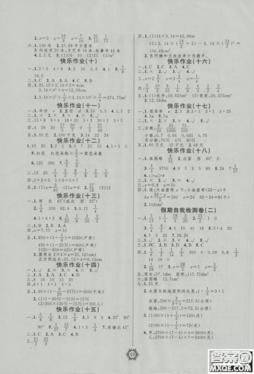 智多星2019春快乐寒假六年级数学人教版参考答案