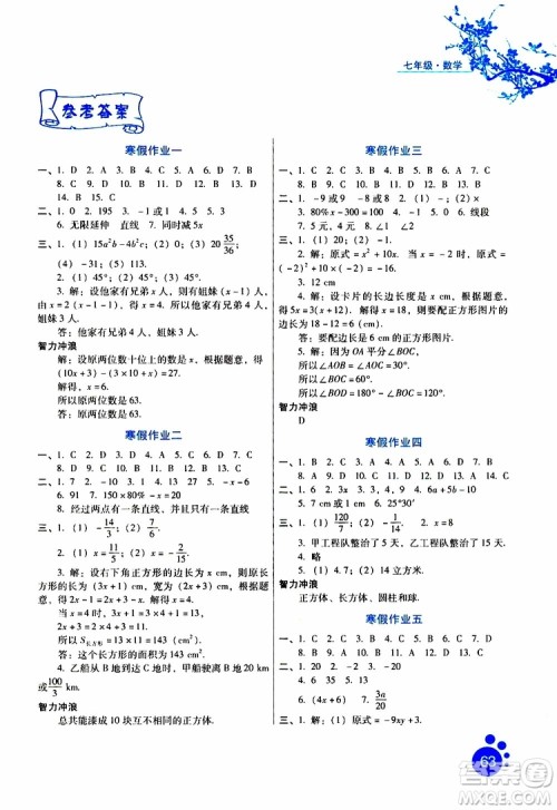 2019版寒假生活七年级数学通用版参考答案