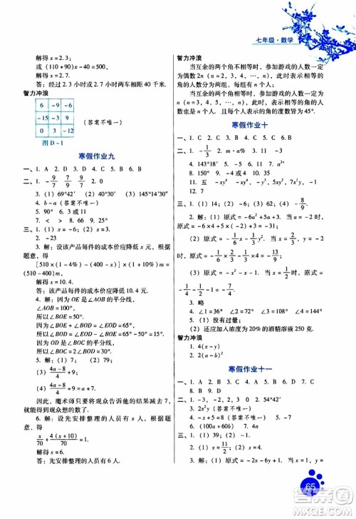 2019版寒假生活七年级数学通用版参考答案