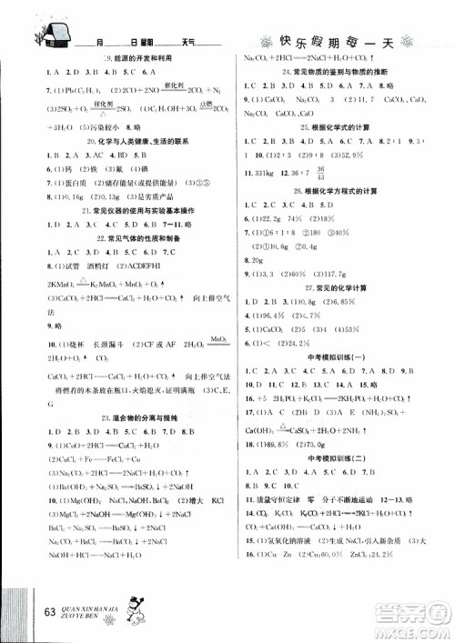 2019年优秀生全新寒假作业本九年级化学中考复习版第二代新课标通用版参考答案