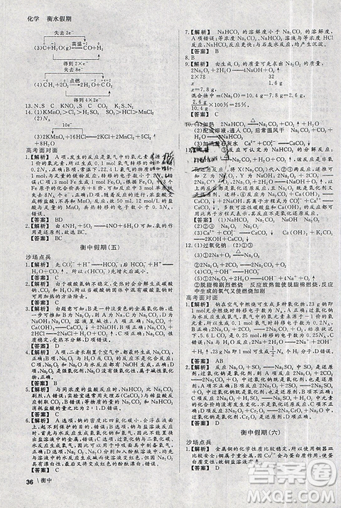 2019新版衡水假期寒假作业高一化学参考答案 2019新版衡水假期寒假作业高一化学参考答案