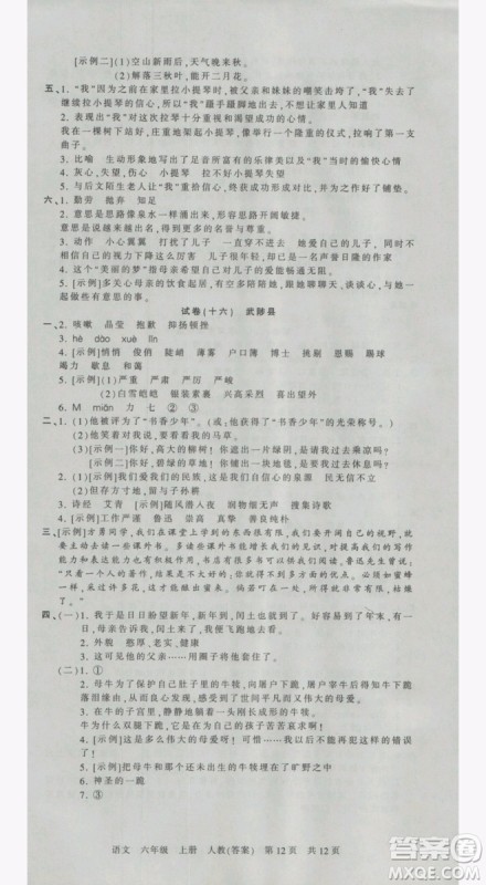2018版河南专版王朝霞各地期末试卷精选六年级上册语文人教版参考答案 2018版河南专版王朝霞各地期末试卷精选六年级上册语文人教版参考答案