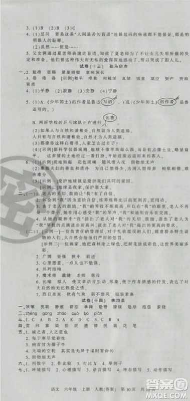 2018版河南专版王朝霞各地期末试卷精选六年级上册语文人教版参考答案 2018版河南专版王朝霞各地期末试卷精选六年级上册语文人教版参考答案