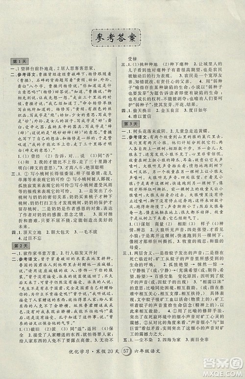 2019优化学习寒假20天第8版寒假作业语文六年级语文沪教版参考答案