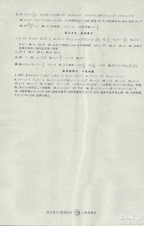 2019年优化学习寒假20天数学八年级第8版沪教版答案 2019年优化学习寒假20天数学八年级第8版沪教版答案