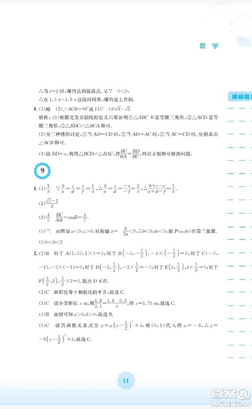 2019安徽教育出版社寒假生活九年级数学通用版S答案