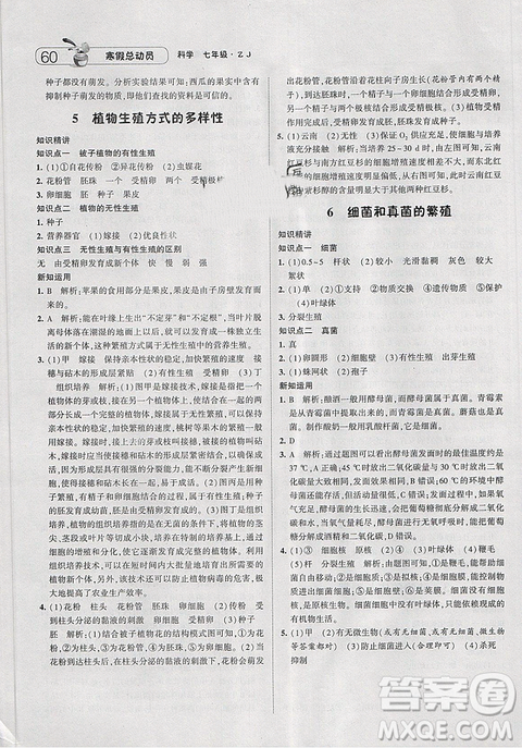 经纶学典寒假总动员2019七年级科学浙教版ZJ参考答案 经纶学典寒假总动员2019七年级科学浙教版ZJ参考答案