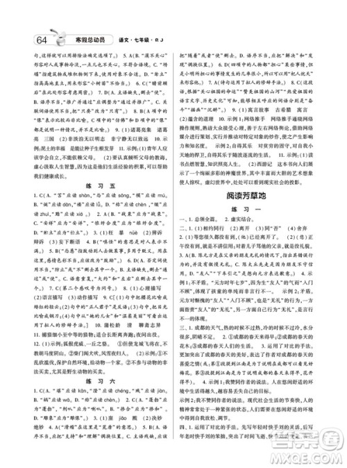 人教版RJ经纶学典2019寒假总动员七年级语文参考答案 人教版RJ经纶学典2019寒假总动员七年级语文参考答案