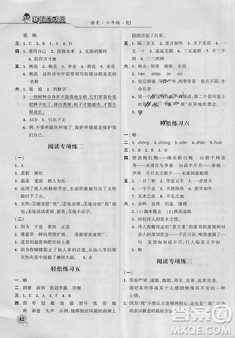 经纶学典2019年寒假总动员六年级语文人教版RJ参考答案