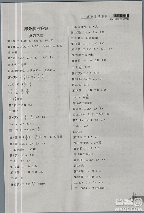 2019版新思维假期作业六年级数学人教版参考答案