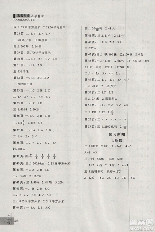 2019版新思维假期作业六年级数学人教版参考答案