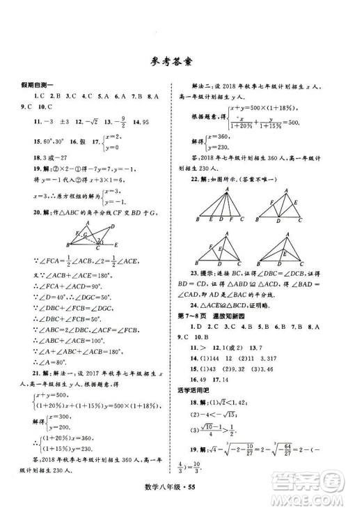 2019年赢在起跑线中学生快乐寒假8年级数学参考答案