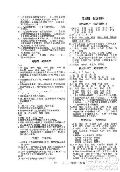 高效A计划寒假总动员2019年期末寒假衔接三年级语文人教通用版答案