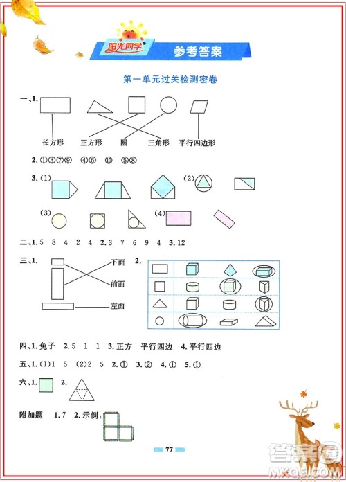 阳光同学2019新版一线名师全优好卷一年级下册数学试卷人教部编版RJ参考答案 阳光同学2019新版一线名师全优好卷一年级下册数学试卷人教部编版RJ参考答案