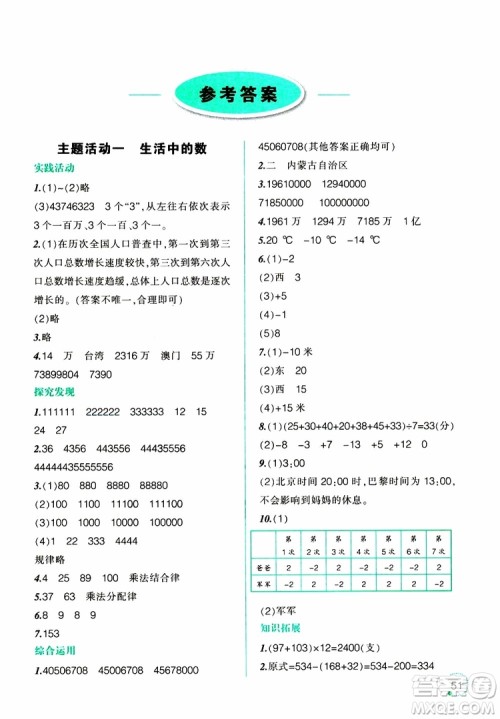 2019年寒假乐园四年级数学Y版参考答案