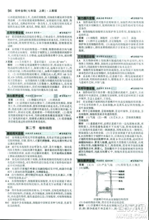 2019新版5年中考3年模拟七年级上册生物人教版RJ参考答案