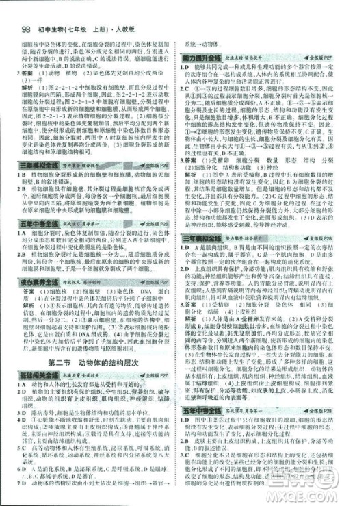 2019新版5年中考3年模拟七年级上册生物人教版RJ参考答案 2019新版5年中考3年模拟七年级上册生物人教版RJ参考答案