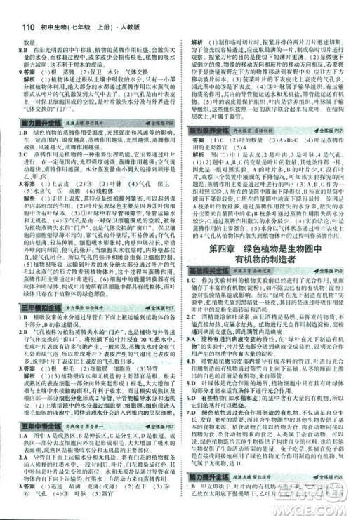 2019新版5年中考3年模拟七年级上册生物人教版RJ参考答案 2019新版5年中考3年模拟七年级上册生物人教版RJ参考答案