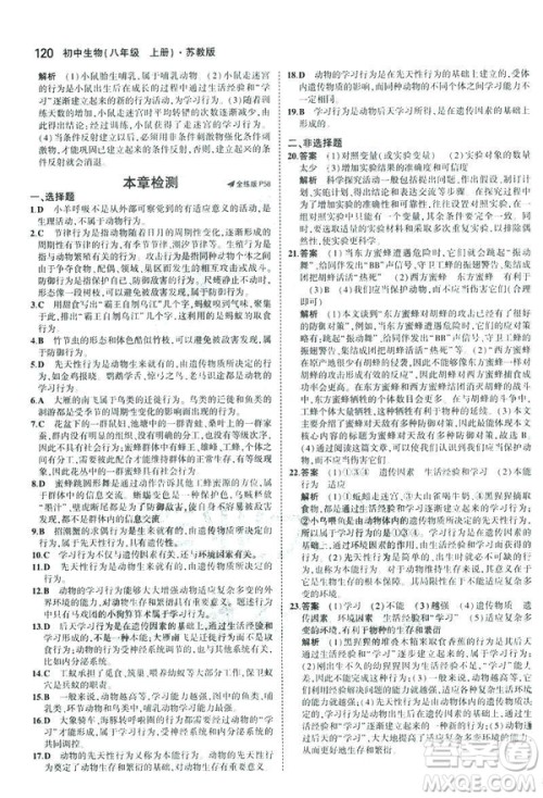 2019版初中同步5年中考3年模拟八年级上册生物苏教版SJ参考答案 2019版初中同步5年中考3年模拟八年级上册生物苏教版SJ参考答案