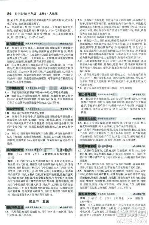 2019版5年中考3年模拟生物八年级上册人教版RJ参考答案