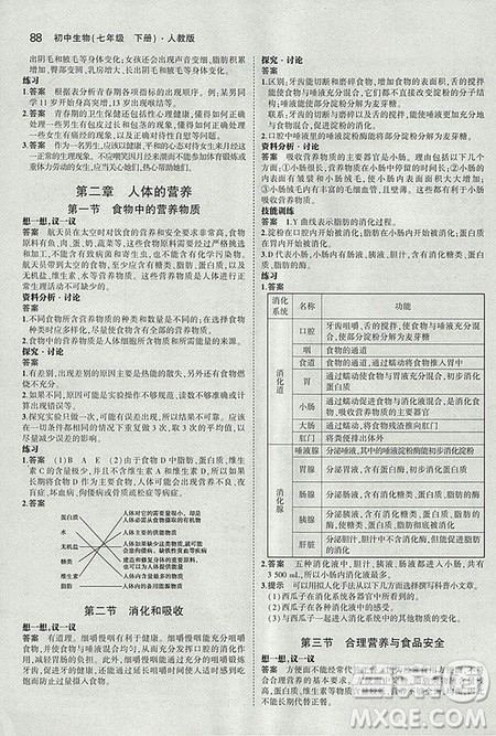 2019人教版义务教育教科书生物学七年级下册课本教材参考答案