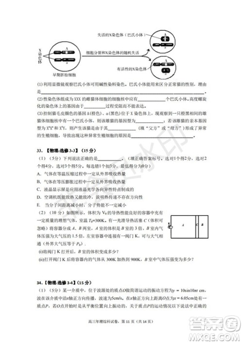 永春一中培元中学季延中学石光中学2019届高三年毕业班第二次联合考试卷理科综合试题及答案 永春一中培元中学季延中学石光中学2019届高三年毕业班第二次联合考试卷理科综合试题及答案