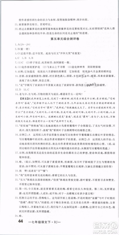 优翼丛书2019年优干线单元+期末卷语文七年级下册RJ人教版参考答案