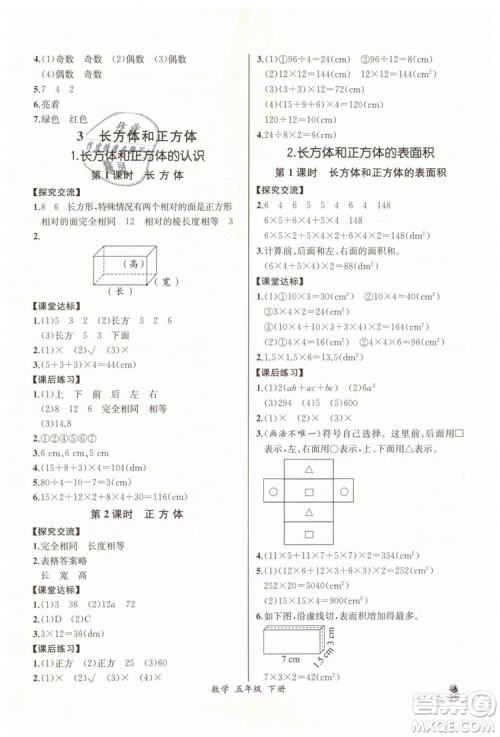 河北专版2019同步导学案课时练五年级数学下册人教版参考答案