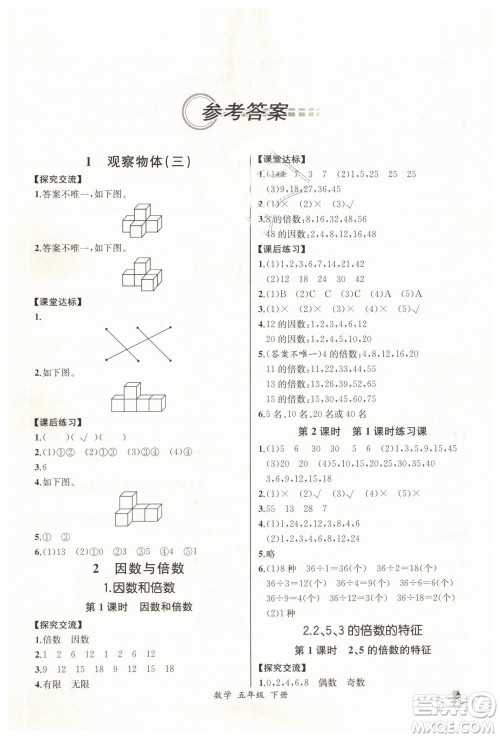 河北专版2019同步导学案课时练五年级数学下册人教版参考答案