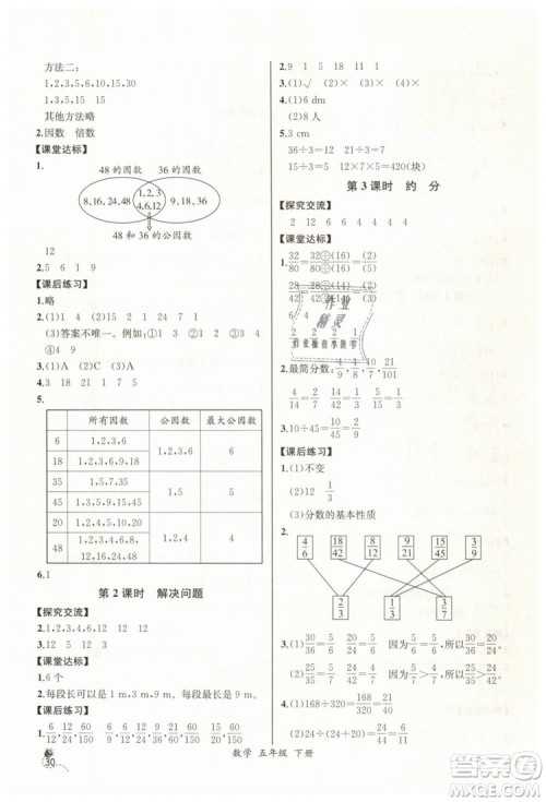 河北专版2019同步导学案课时练五年级数学下册人教版参考答案