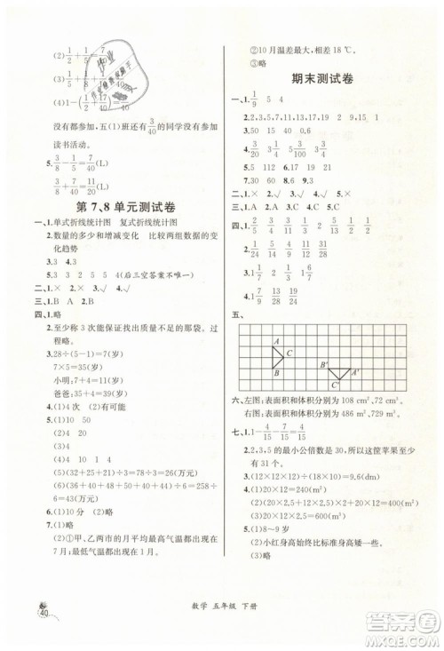 河北专版2019同步导学案课时练五年级数学下册人教版参考答案